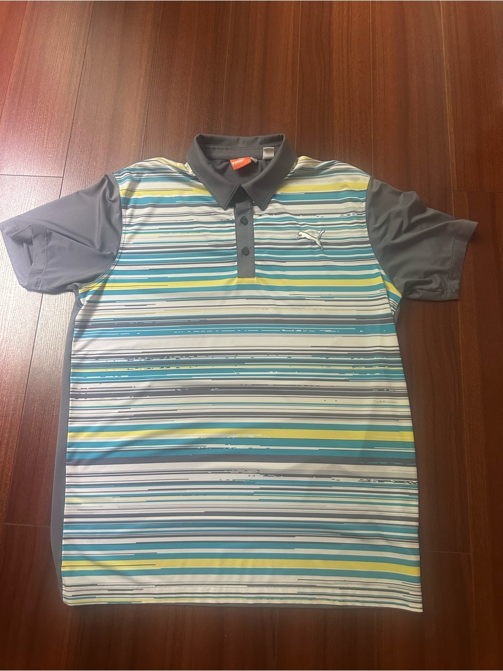 Puma Men’s Gray Polo with Blue, Yellow and White Stripes
